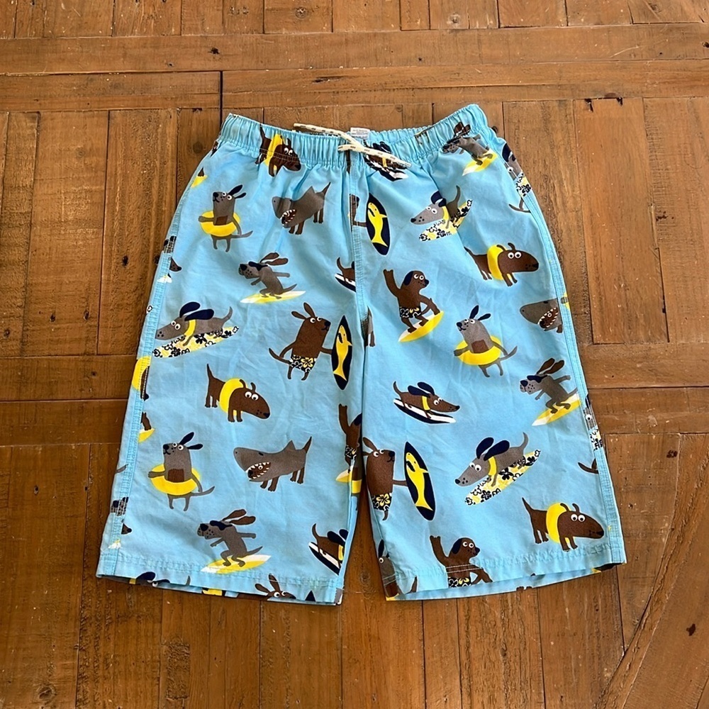 Mini Boden surfing dog swim trunks
